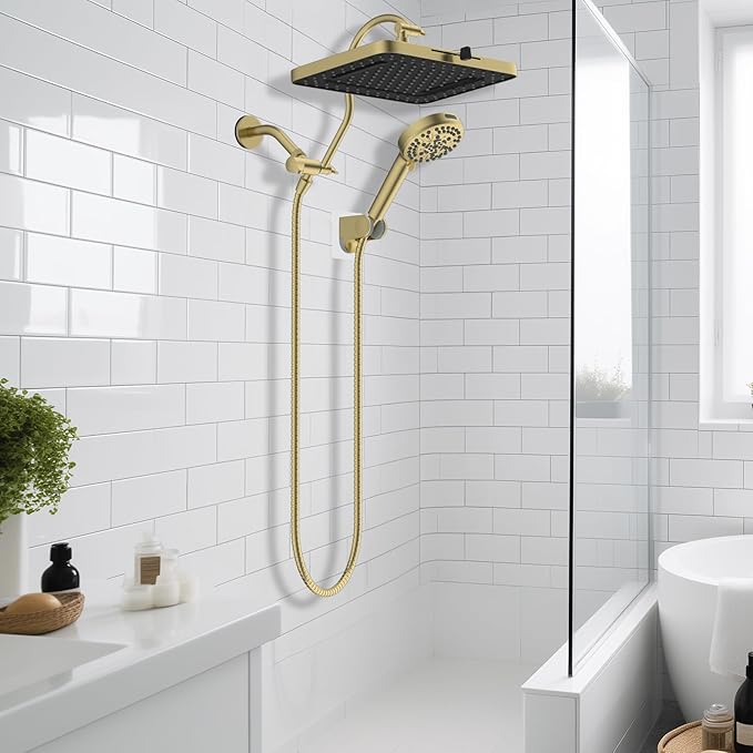 Hibbent High Pressure 13'' Dual Shower Head Combo with 10-mode Handheld Spray, Upgraded Rainfall 5-spray Shower Head, 12'' Adjustable Extension Arm, 71'' Hose, Showerhead Holder, Brushed Gold