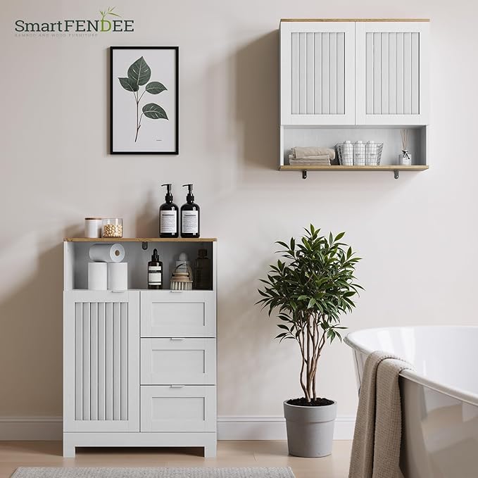 Bathroom Storage Cabinet with 3 Drawers, Floor Cabinet with Louvered Door, Freestanding Storage Unit for Bathroom, Kitchen, Living Room, White
