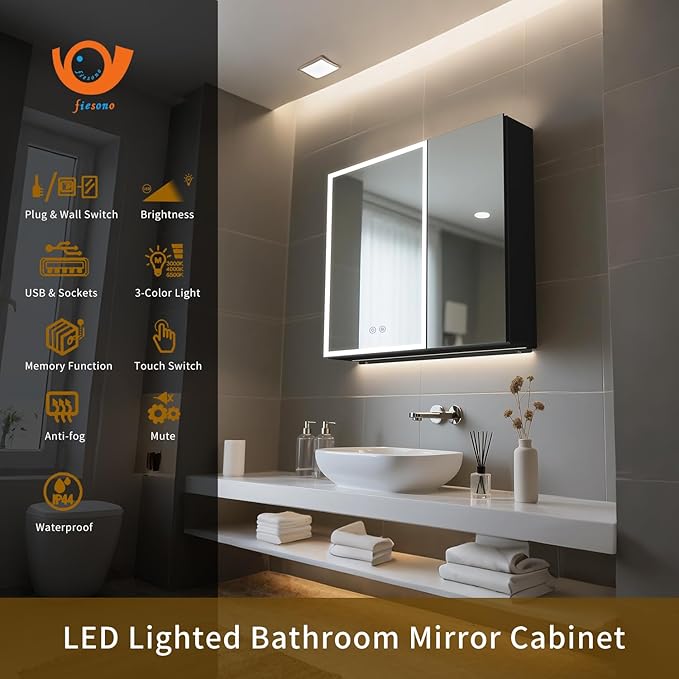 Lighted Medicine Cabinet with Mirror, 28 x 30 inch LED Bathroom Cabinet with Anti-Fog, Dimmable 3 Colors Front & Bottom Light, Buit-in Sockets & USBs, 2 Shelves, Plug-in or Hardwired