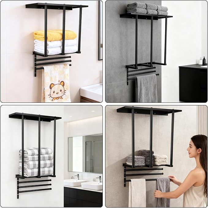 3-Tier Wall Mounted Towel Rack, Bathroom Storage Shelf with Towel Bar, Heavy-Duty Metal Organizer in Matte Black for Bathroom and Powder Room Storage and Organizer