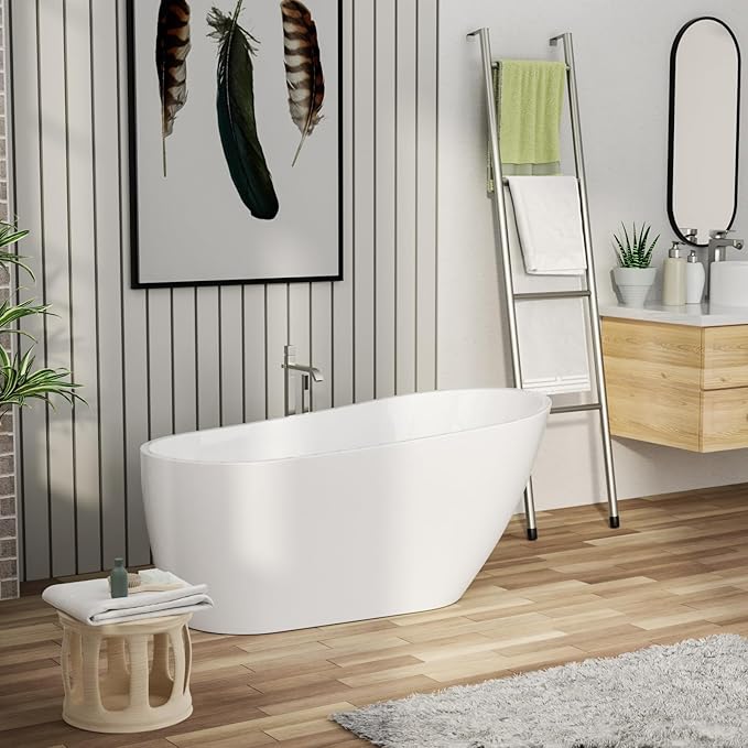 Mocoloo Freestanding Bathtub - 59 Inch Acrylic Stand Alone Soaking Bath Tub for Bathroom with a Right Overflow and Drain