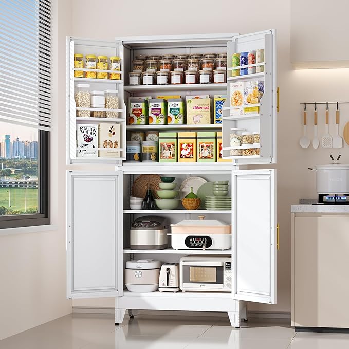 75" Tall Metal Kitchen Pantry Storage Cabinet, Freestanding Cupboard Storage Cabinet with 4 Doors and 4 Adjustable Shelves, Large Stand Up Food Cupboard for Dinning Room, Bathroom, White