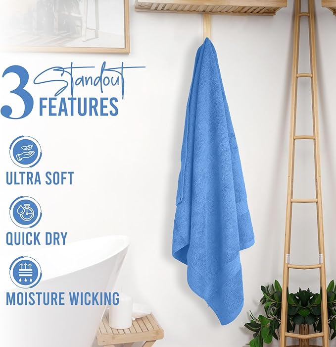 RIVERSIDE 100% Ring Spun Cotton Large Bath Towels Set of 4, 27 x 54 Inches โ Quick Dry, Soft & Highly Absorbent Towels for Shower & Bathroom โ Luxury 600 GSM Towels for Home, Spa, Gym, Medium Blue