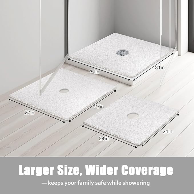 Square Shower Mat Non Slip: 27x27 Inch Extra Large Shower Floor Mat with Drain Hole in Middle - Soft PVC Loofah Bath Mat for Shower - Anti Slip Shower Stall Mat for Elderly and Kids