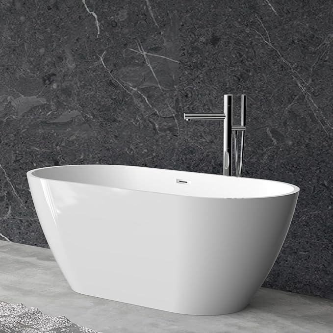 67" Acrylic Freestanding Bathtub, Modern Deep Soaking Tub, cUPC Certified Free Standing Tub, Chrome Drain/Overflow, White Acrylic, Flora White