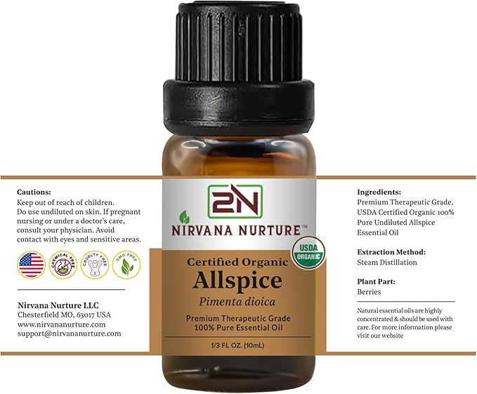 Allspice Essential Oil USDA Certified Organic, 100% Pure Natural Premium Grade, Undiluted