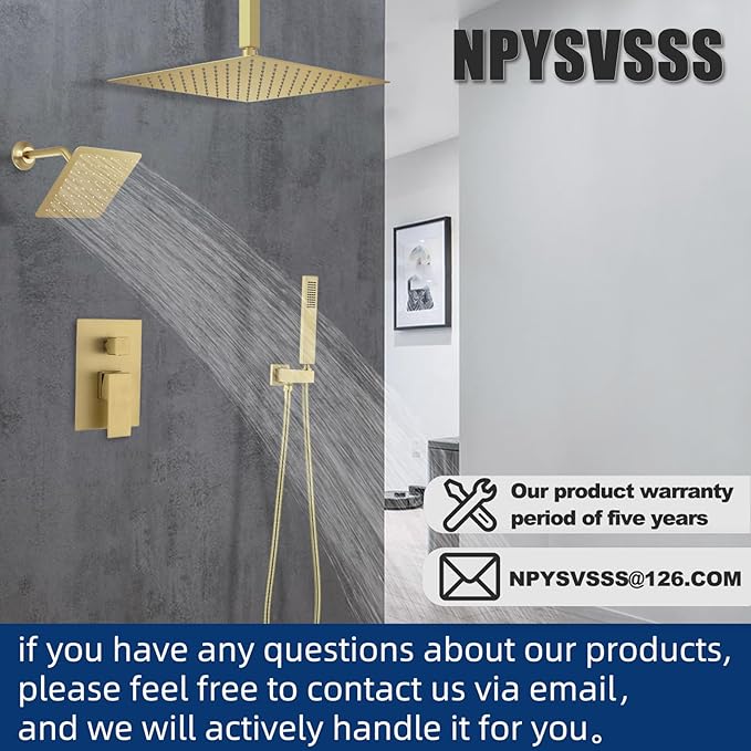 Shower System Dual Shower Heads with 12" Ceiling Mounted Rain Shower Head & 6" Wall Mounted Head Full Body Luxury Rain Shower System 3 Way Pressure Balance Valve Kit, Brushed Gold