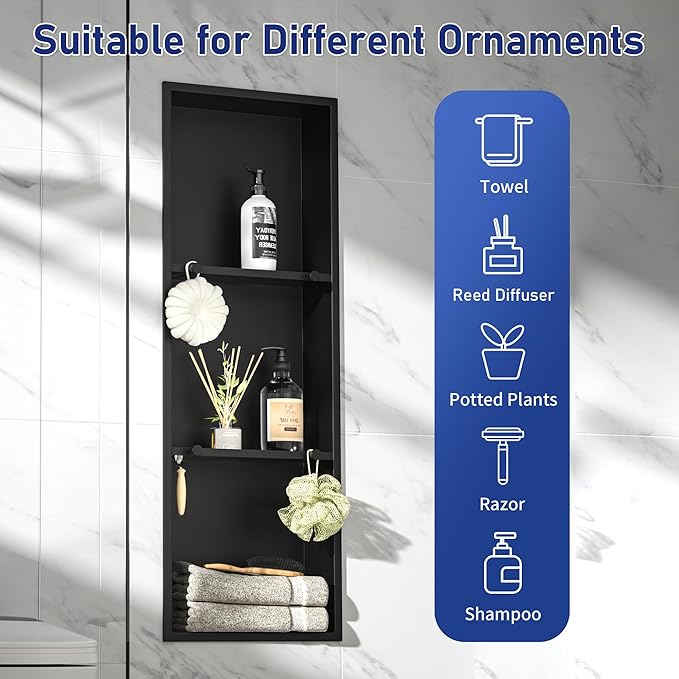 Stainless Steel Shower Niche w/Hooks, Wall Vertical Niche Without Tiling, Recessed Shower Shelf for Bathroom Storage, Over-Mount Installation (Black, 12'' x 36'')