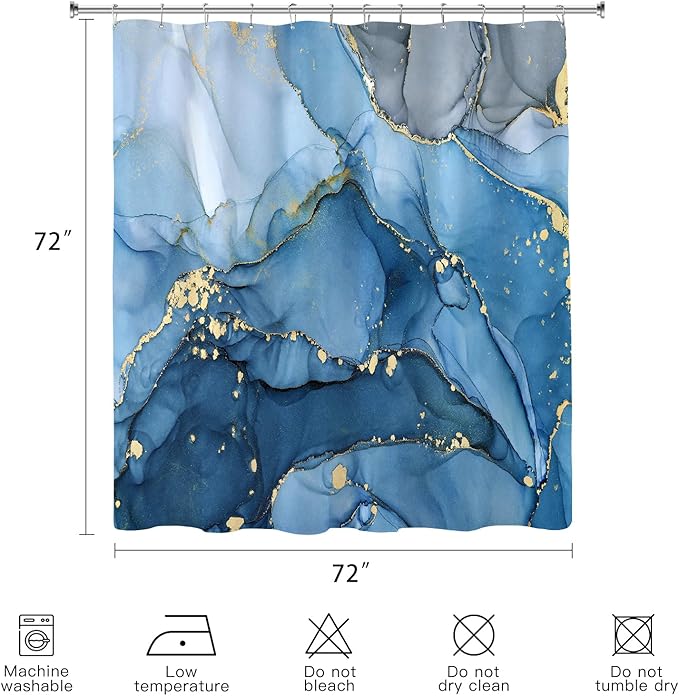 Blue Marble Shower Curtain, Modern Abstract Fabric Shower Curtains for Bathroom, Luxury Art Ink Texture Watercolor Shower Curtain Set with Hooks 72x72