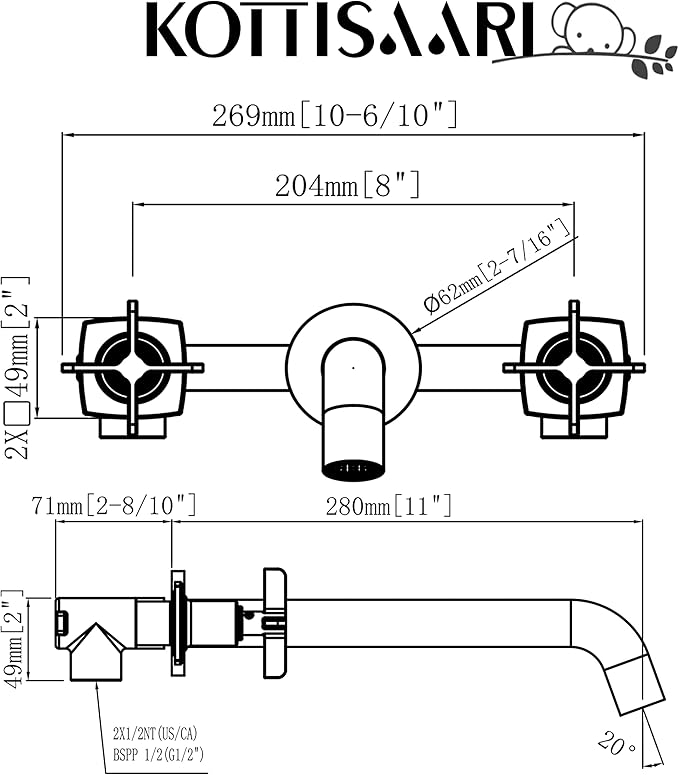 Wall Mount Tub Filler,Two Cross Handle Bathtub Faucet,Extra Long Spout Reach with High Water Flow,Brass Rough in Valve Included,Nickel Brushed