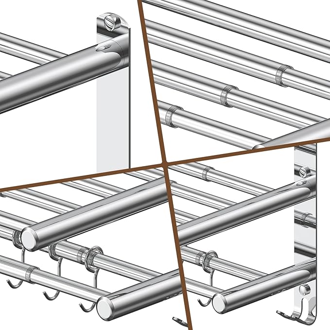 Bathroom Towel Rack with Shelf and Towel Bar, 2-Tier Expandable (16.9 to 28 Inches) SUS304 Stainless Steel, Wall Mounted or Adhesive, 4 Sliding Hooks Rust Resistant, Rounded Corners, Side Guards