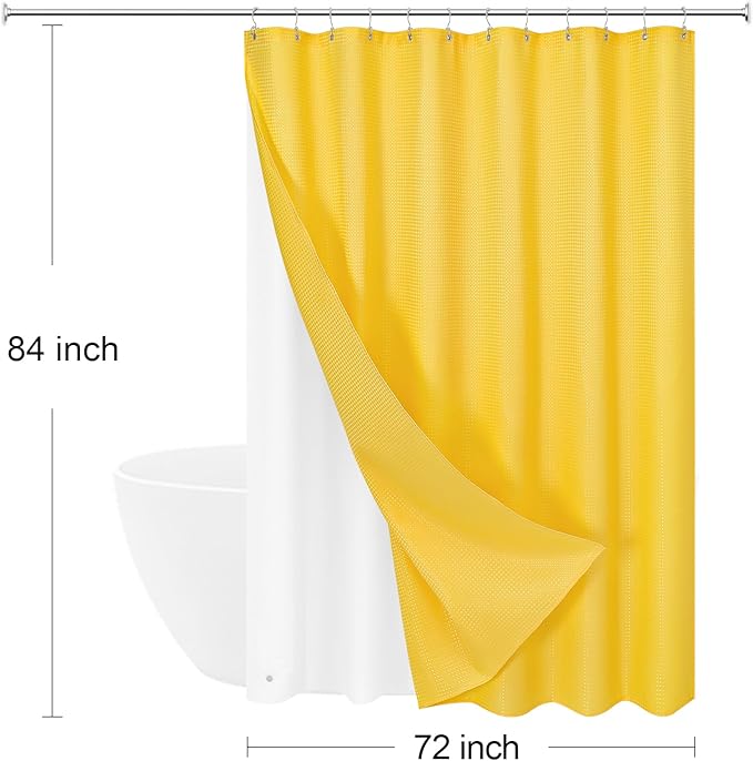 3 in 1 Extra Long Yellow Shower Curtain Set-72 W x 84 H, Modern Waffle and PEVA Liner Set with 12 Stainless Steel Hooks, Waterproof Fabric for Bathroom