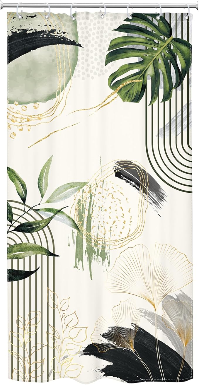 Grey Green Boho Small Shower Curtain 36Wx72H Stall RV Narrow Tropical Palm Leaves Abstract Modern Gold Leaf Mid Century Plant Bathroom Decor Botanical Bath Curtain Fabric Polyester 7 Pack Hooks