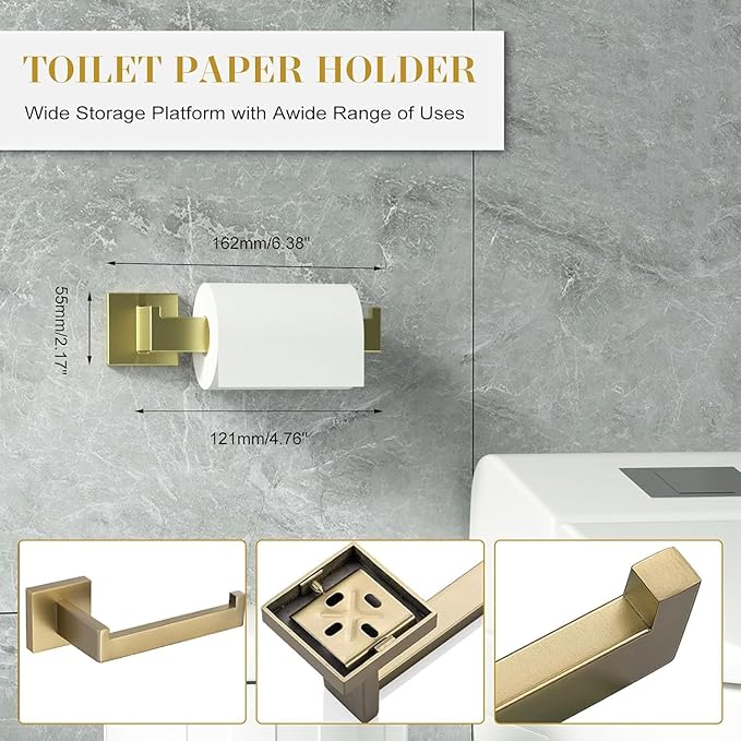 16 in Matte Bathroom Accessories Set, Bath Towel Bar Set, Stainless Steel Bathroom Hardware Set, Towel Racks for Bathroom Wall Mounted 5 Pcs (Golden)