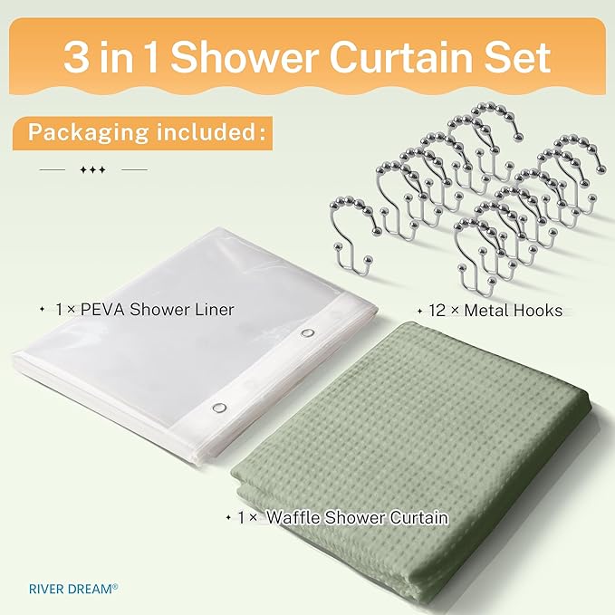 River Dream 3 in 1 Shower Curtain Set, Waffle Fabric Shower Curtain and Waterproof Clear Liner Set with Double Sided Metal Hooks, Sage Green, 72" W*72" H