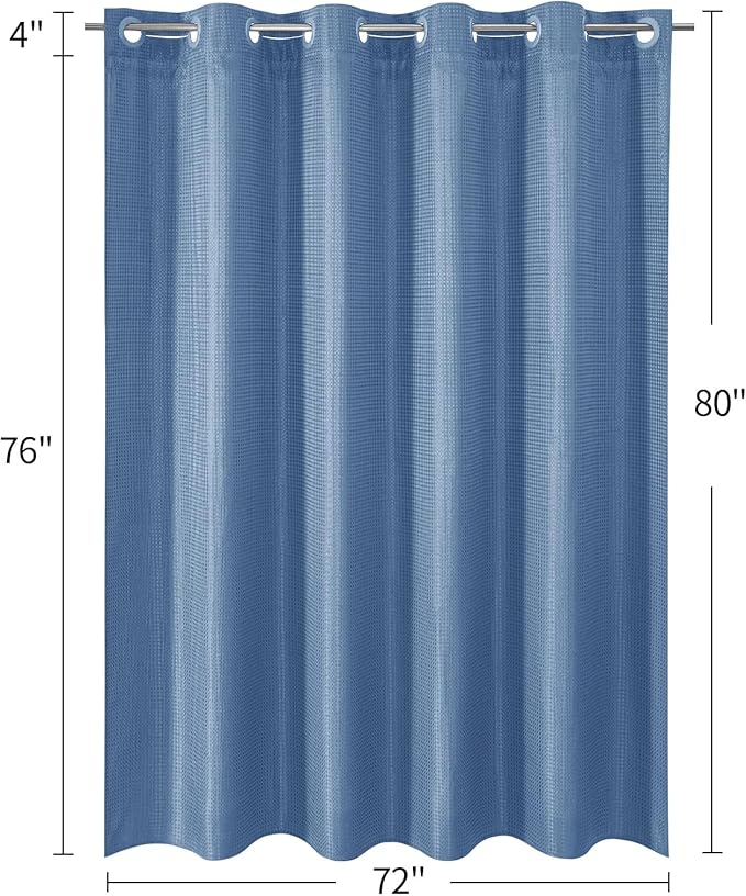 MitoVilla Blue Long Shower Curtain Liner Set 72 x 80, No Hooks Needed 80 inch Long Heavyweight Waffle Fabric Shower Curtain Set with Snap-in Liner for Hotel Grade Spa-Like Bathroom Decor