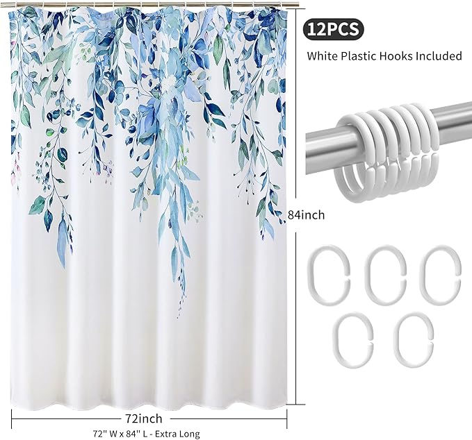 Colorful Star Blue Eucalyptus Waterproof Shower Curtain Set with Hooks, Minimalist Watercolor Floral Print Bathroom Décor, Plant Leaves Washable Fabric Shower Curtain, 72 x 84 Inch