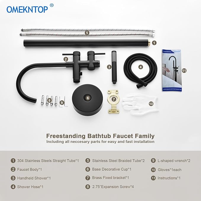 Freestanding Bathtub Faucet, Matte Black Floor Mount Tub Filler, Modern Freestanding Tub Faucet with 360 Swivel Gooseneck Spout and Handheld Shower, Standing Tub Faucet for Bathroom