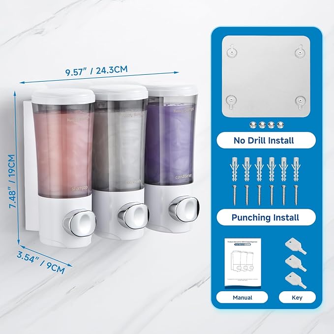 Shampoo and Conditioner Dispenser No Drill Shower Soap Dispenser Wall Mounted Shower Dispenser 3 Chamber with Upgrade Smooth Pump Head Bathroom Body Wash Soap Dispenser Set 450ml*3 White