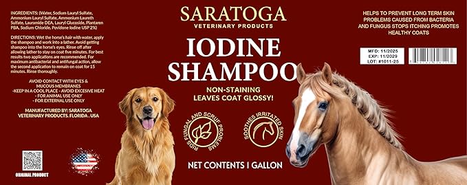 2% Iodine Shampoo for Horses & Dogs – Non-Staining Antiseptic Wash for Skin Irritation, Scratches, Fungus & Rain Rot – Cleans & Shines Coat – 1 Gallon – Saratoga Veterinary Products