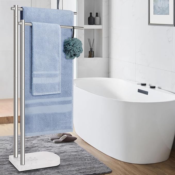 Livabber Standing Towel Rack, 304 Stainless Steel 2-Tier Towel Holder Stand with Marble Base, Modern Stylish Tall Shower Towel Bar for Bathroom Accessories, Pool(Brushed Nickel)