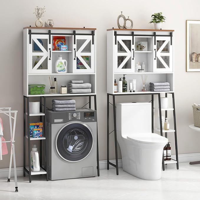 Vabches Over The Toilet Storage Cabinet, Farmhouse Storage Cabinet Over Toilet with Sliding Barn Door,Home Space-Saving Toilet Rack, for Bathroom, Restroom, Laundry White