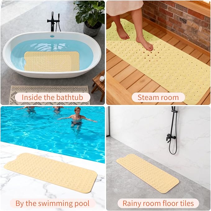Anti-Slip Bathtub Shower mat, 39.3×15.7 inch(Approximately 100 × 40cm) Soft Oversized Machine Washable Non-Slip Bathtub mat with Drainage Holes, Bathroom Floor Suction Cup.(1-Opaque Light Yellow)