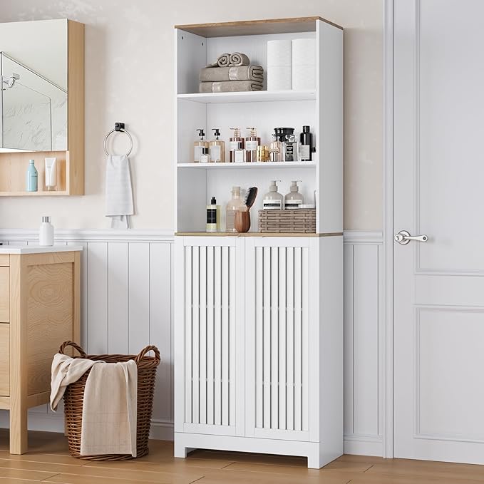 66.8" Tall Storage Cabinet with 2 Louvered Doors and 3 Open Shelves, Bathroom Storage Unit, Adjustable Shelves, Floor Cabinet for Bathroom, Office, Kitchen, White