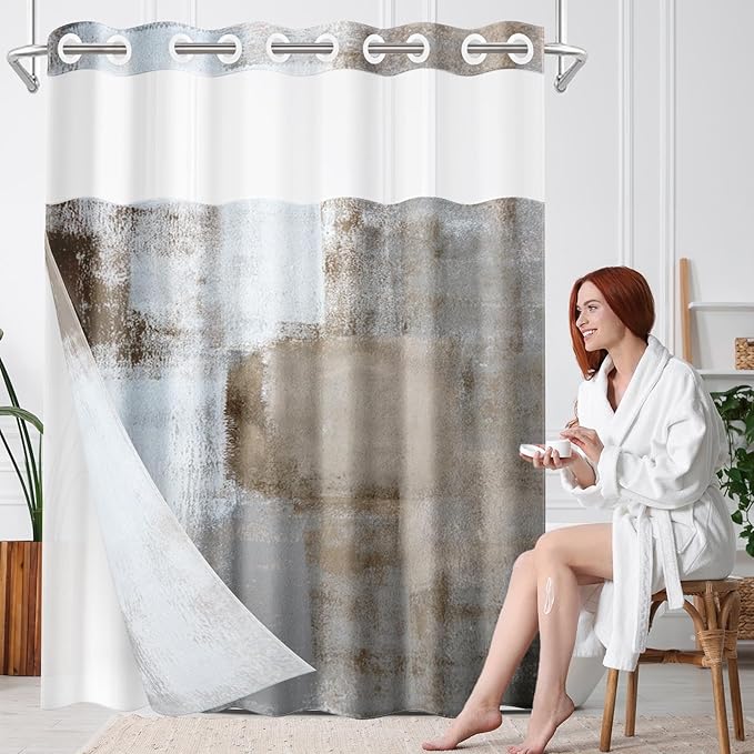 No Hook Grey Brown Painting Shower Curtain with Snap in Fabric Liner Set, Gray Abstract Double Layers Waterproof Fabric with See Through Top Window Open Grommet Bath Curtain 71x74 Inch