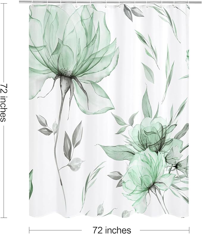 Green and Grey Boho Watercolor Floral Shower Curtain, Ink Painting Style Blossom & Leaf Shower Curtains for Chic Elegant Bathroom, Artistic Fabric Cloth Flower Shower Curtain, 72x72