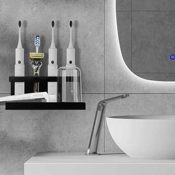 Electric Toothbrush Countertop Holder with Diatomite Stone - Bathroom Sink Organizer or Wall-Mounted Rack, Compatible with Philips Sonicare, Oral-B (Black)