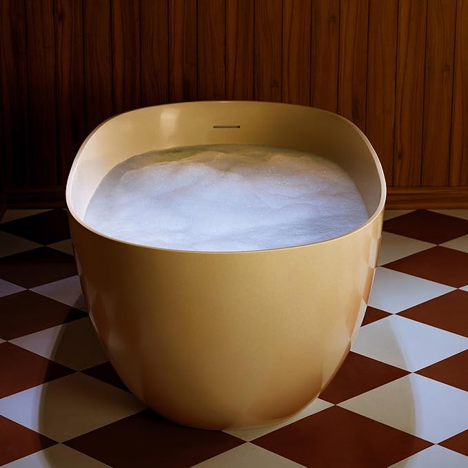 WOODBRIDGE 61-1/4" L x 30-3/4" W Stone Resin Luxury Contemporary Solid Surface Freestanding Soaking Bathtub in Cream with Two Drain Covers Included
