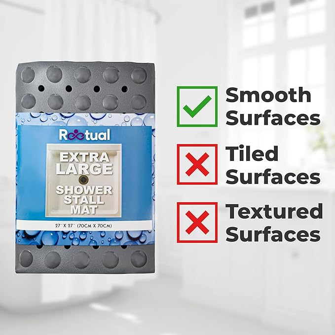 Reetual XL Shower Mat Non Slip - 27x27 Bath Mat for Shower Stall or Large Bathtub Mat with 240 Powerful Suction Cups and Drain Holes. Black Shower Mats for Bathroom (Square White)