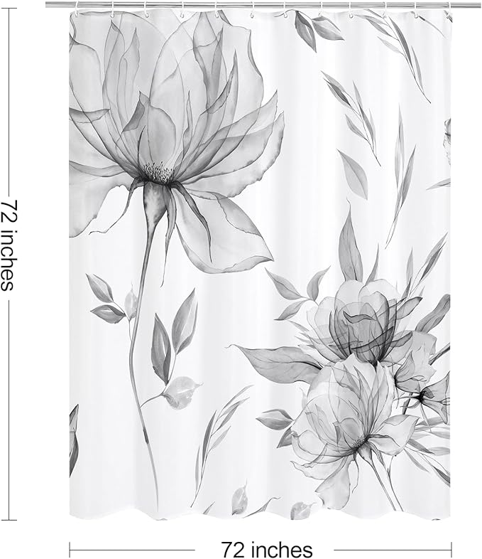 Grey Boho Watercolor Floral Shower Curtain, Ink Painting Style Blossom & Leaf Shower Curtains for Chic Elegant Bathroom, Artistic Fabric Cloth Flower Shower Curtain, 72x72