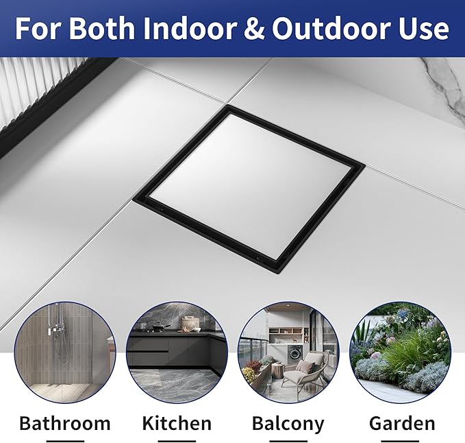 Square Shower Drain 8", Matte Black Floor Drain with Tiled Insert Grate & Hair Strainer, 304 Stainless Steel Bathroom 2-in-1 Tiled in Drain, CUPC Certified (Matte Black, 8'')