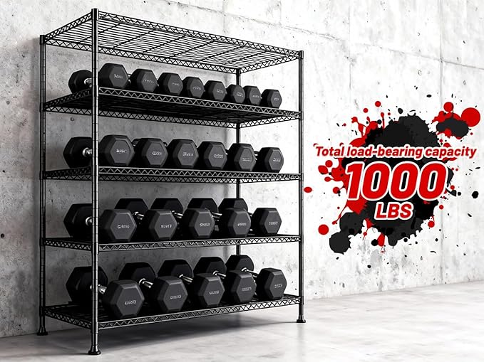 REIBII 45.8“W Metal Shelving Storage Shelves, 5-Tier Wire Shelving Unit,Heavy Duty Garage Shelving, Adjustable Storage Rack for Restaurant Pantry Kitchen Dining Room Supermarket Commercial Black
