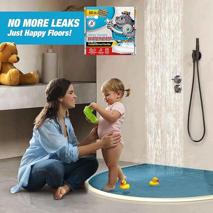 Shower Threshold Water Dam Barrier - White Collapsible Shower Water Blocker - Guard for Walk in Shower - Water Guard Stopper for Floor - Shower Door Water Blocker - By Hippo Dam (65 In, White)