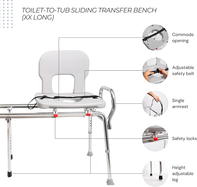 Eagle Health Supplies Toilet-to-Tub Transfer Bench with Cut Out Seat, FSA/HSA Eligible Sliding Shower Chair for Elderly and Disabled, Height Adjustable Shower Seats for Adults Inside Shower, 77993
