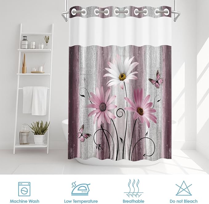 No Hook Flower Daisy Shower Curtain with Snap in Fabric Liner Set, Pink Rustic Farmhouse Double Layers Waterproof Fabric with See Through Top Window Open Grommet Bath Curtain 54x80 Inch