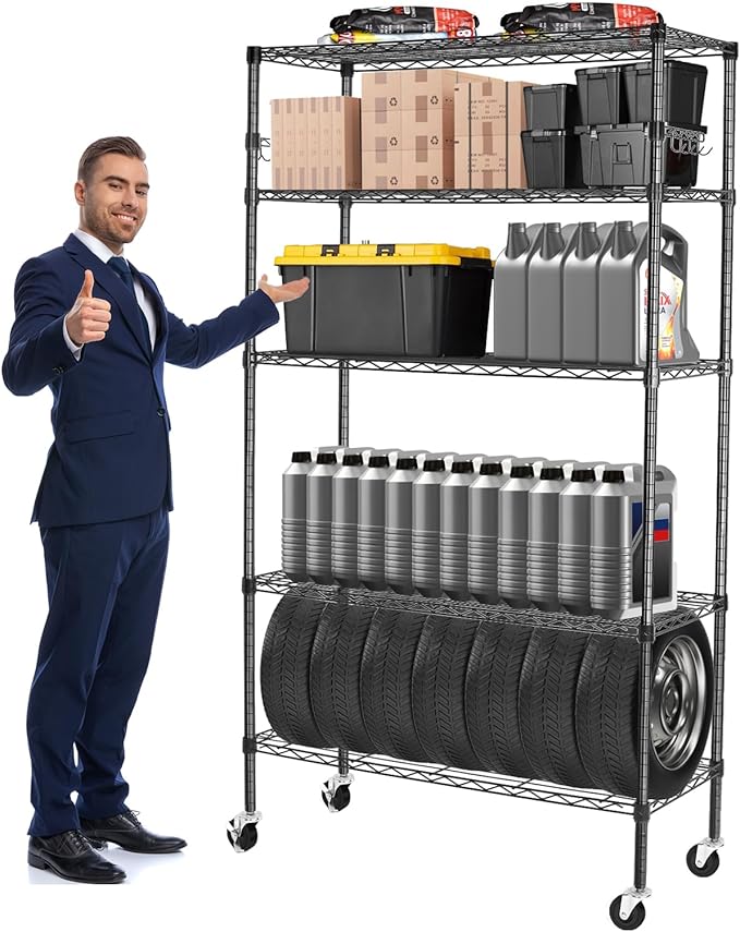 5 Tier Storage Shelves with Wheels, 1750lbs Capacity Heavy Duty Shelving Units, 14x36x75inch Adjustable Metal Shelf Wire Shelving Rack for Garage, Kitchen, Office, Black