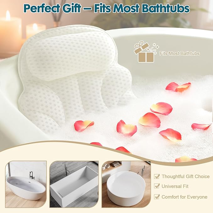 Bath Pillows for Tub – Bathtub Pillow with Head, Neck & Shoulder Support, Non-Slip Tub Pillow for Bathtub & Jacuzzi, Breathable Bath Tub Pillow with Wash Bag, Bath Accessories Gift for Women & Men