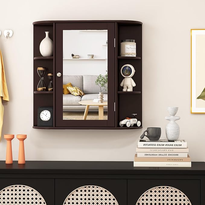 RELAX4LIFE Bathroom Wall Cabinet with Mirror - Medicine Cabinet w/Door, 6 Open Shelves & Adjustable Shelves, Over The Toilet Storage Cabinet Organizer, Mirrored Bathroom Cabinet Wall Mount (Brown)