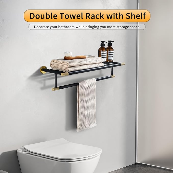 Black Brushed Gold Towel Rack 24'' Bath Towel Shelf with Towel Bars SUS304 Matte Black Stainless Steel Wall Mounted,Modern Bathroom Storage Shelf