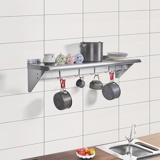 Hally Stainless Steel Shelf with 4 Hooks 12" x 24" Wall Mounted Pot Rack, NSF Commercial Floating Shelving for Storage Hanging Pots, Pans, cookware in Restaurant, Kitchen, Home and Hotel