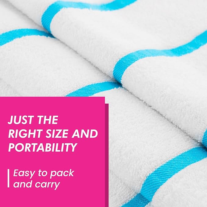 CASA COPENHAGEN Cabana Pool 2 Pieces Large Bath Sheet Set 70" x 35", 550 GSM, Designed in Denmark, Made of Soft Egyptian Cotton for Bathroom, Beach & Shower - White Teal Stripe