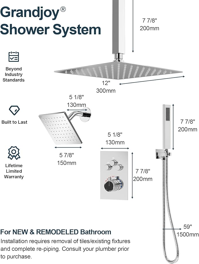 Thermostatic Shower System, Dual Rainfall Shower Heads for Ceilling & Wall Mounted with Handheld Sprayer, Chrome
