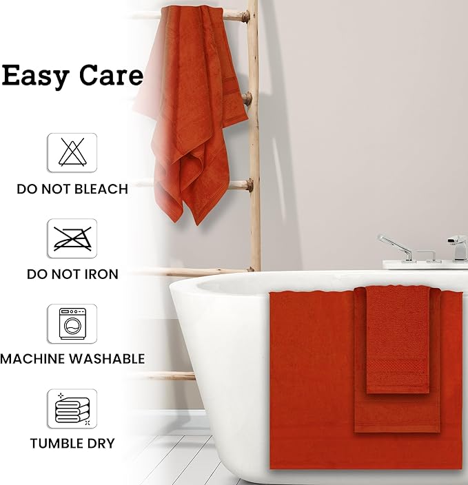 Casa Lino Bath Towel Set of 8 (2 Bath Towels, 4 Wash Cloths & 2 Hand Towels for Bathroom) - 100% Cotton - Highly Absorbent & Quick Dry - Guest Room Essentials for Bathroom Set - (Coral Orange)