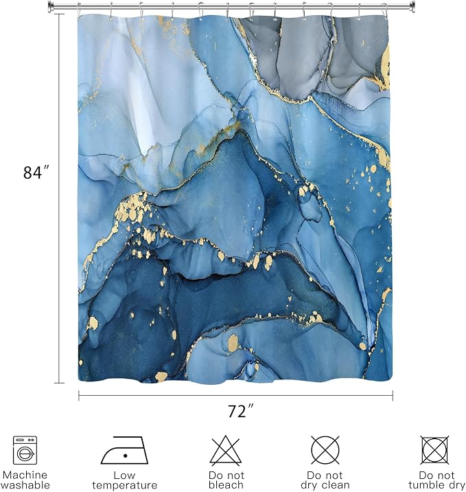 Extra Long Shower Curtain 72 x 84 Inch, Blue Tall Abstract Marble Shower Curtains for Bathroom, Modern Luxury Art Decor Ink Texture Fabric Shower Curtain Set with Hooks