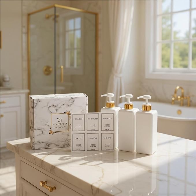 Modern Gold Design Shampoo and Conditioner Dispenser, Large 27oz Shower Soap Dispenser, Set of 3 Refillable Empty Plastic Pump Bottles for Bathroom and Body Wash (6 Waterproof Labels Included), White