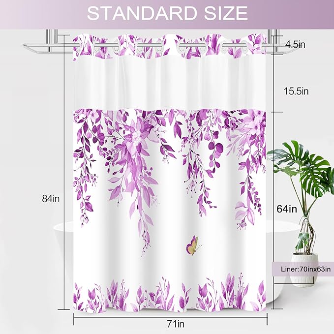 No Hook Shower Curtain and Liner Set, Purple Eucalyptus Floral Shower Curtains for Bathroom, Bath Curtain Sets with Snap in Liner, Waterproof with See Through Top Window, 71x84 Inches